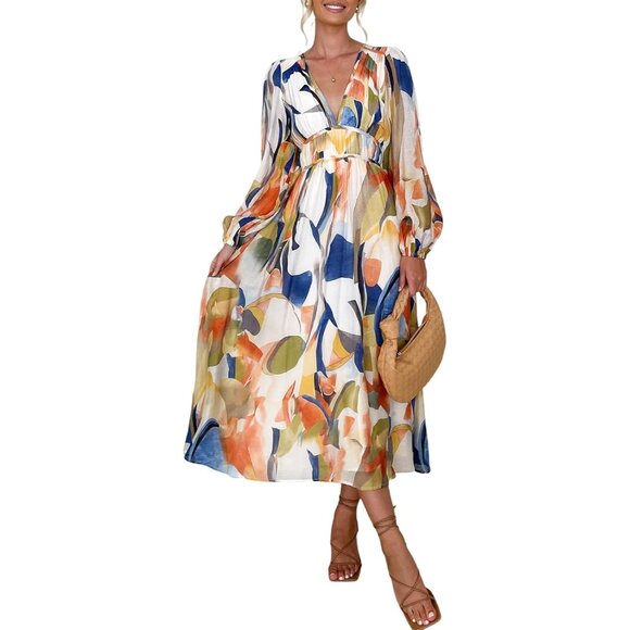 Women's Boho Floral Maxi Dress Long Sleeve Summer Fall Wedding Guest - Picture 1 of 5